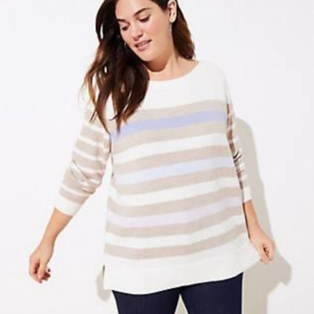 LOFT Cream Multicolor Stripe Wool‎ Blend Crewneck Sweater